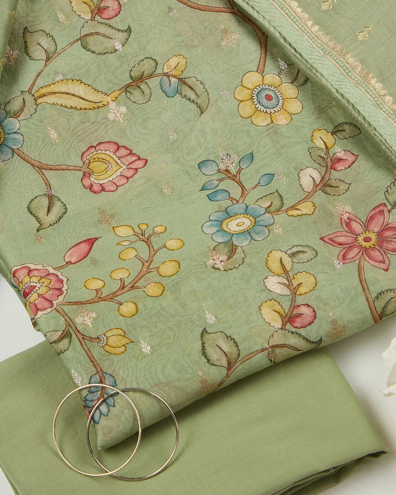 Pista Green Chanderi Kalamkari Suit with Zari Dupatta