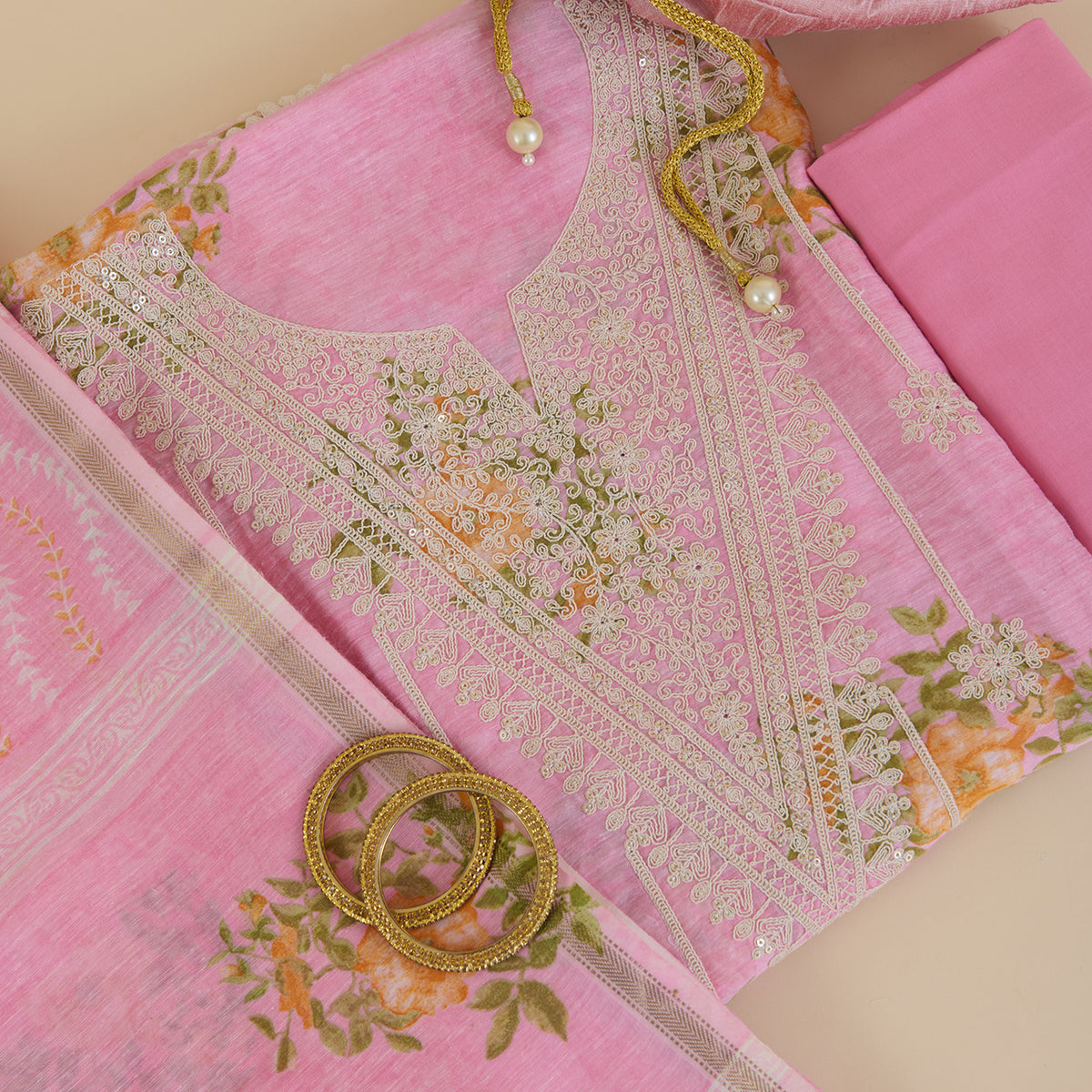Pink Chanderi Linen Printed Kurta with Dori & Sequin Embroidery