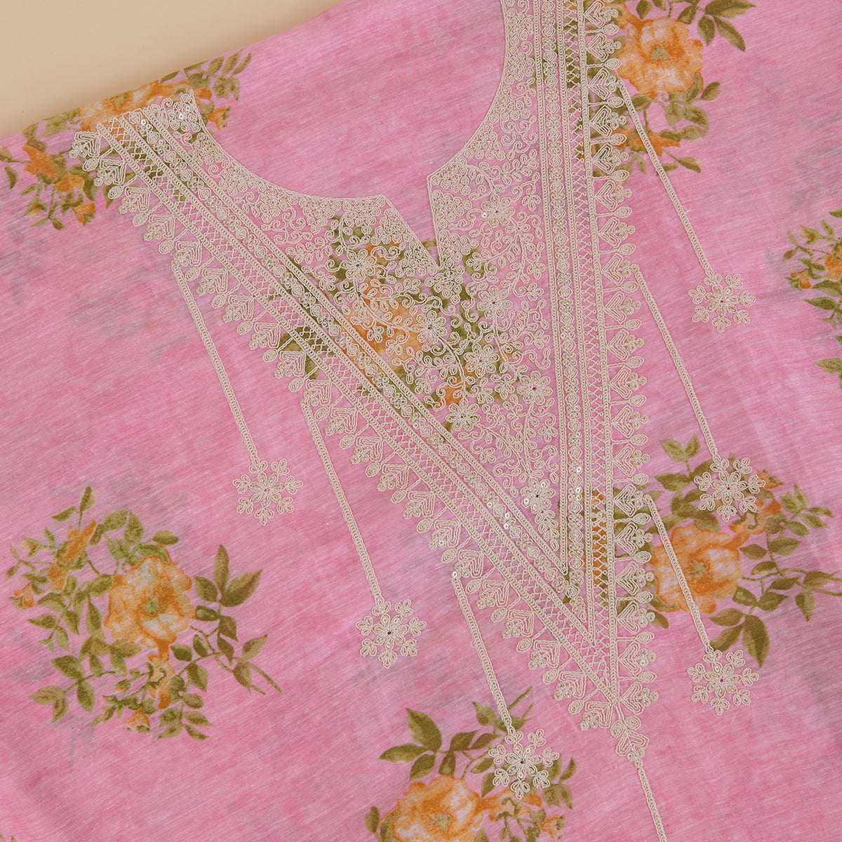 Pink Chanderi Linen Printed Kurta with Dori & Sequin Embroidery