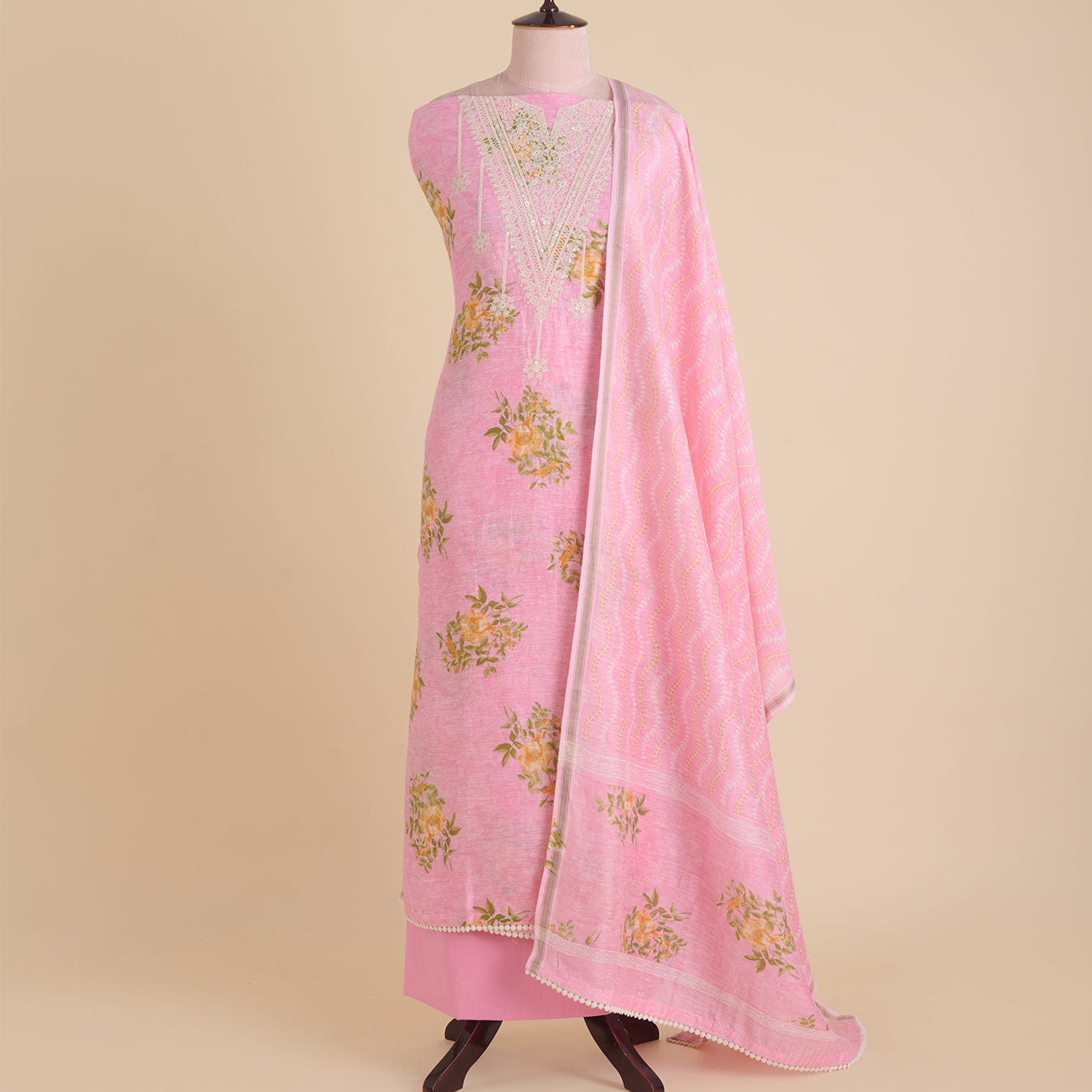 Pink Chanderi Linen Printed Kurta with Dori & Sequin Embroidery