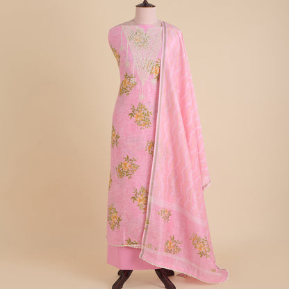 Pink Chanderi Linen Printed Kurta with Dori & Sequin Embroidery