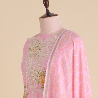 Pink Chanderi Linen Printed Kurta with Dori & Sequin Embroidery