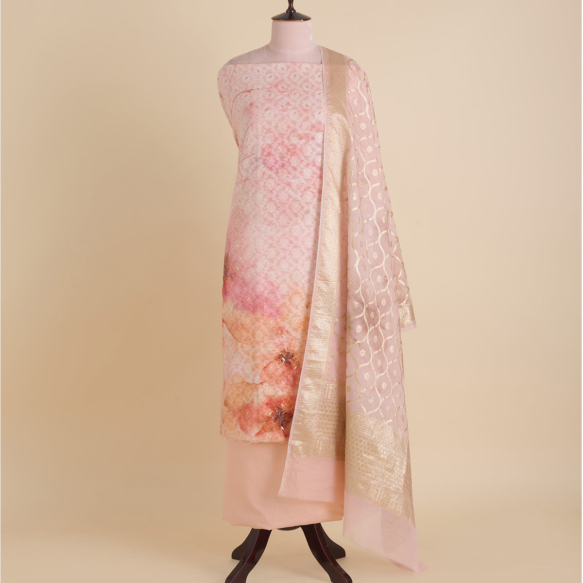 Peach Chanderi Printed Lurex Woven Kurta with Dupatta