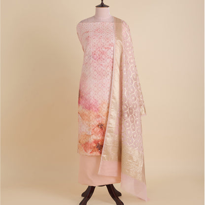 Peach Chanderi Printed Lurex Woven Kurta with Dupatta