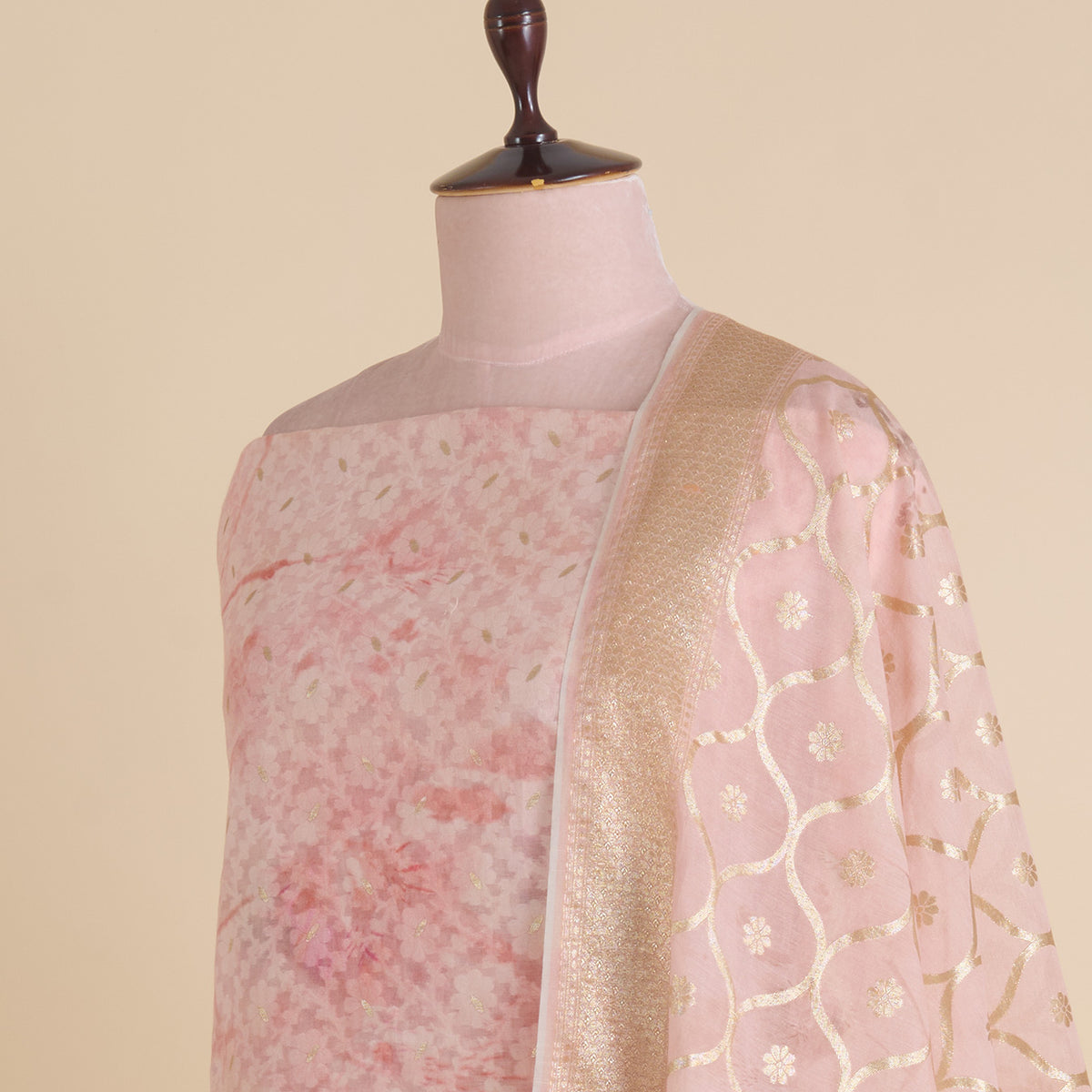 Peach Chanderi Printed Lurex Woven Kurta with Dupatta
