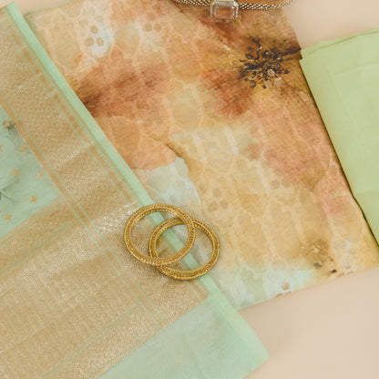 Pale Green Chanderi Printed Lurex Woven Kurta with Dupatta