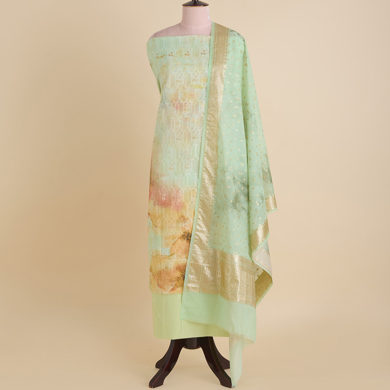 Pale Green Chanderi Printed Lurex Woven Kurta with Dupatta