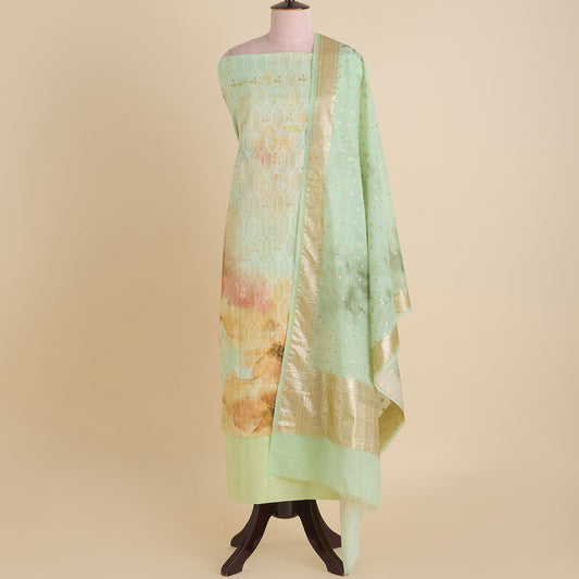 Pale Green Chanderi Printed Lurex Woven Kurta with Dupatta