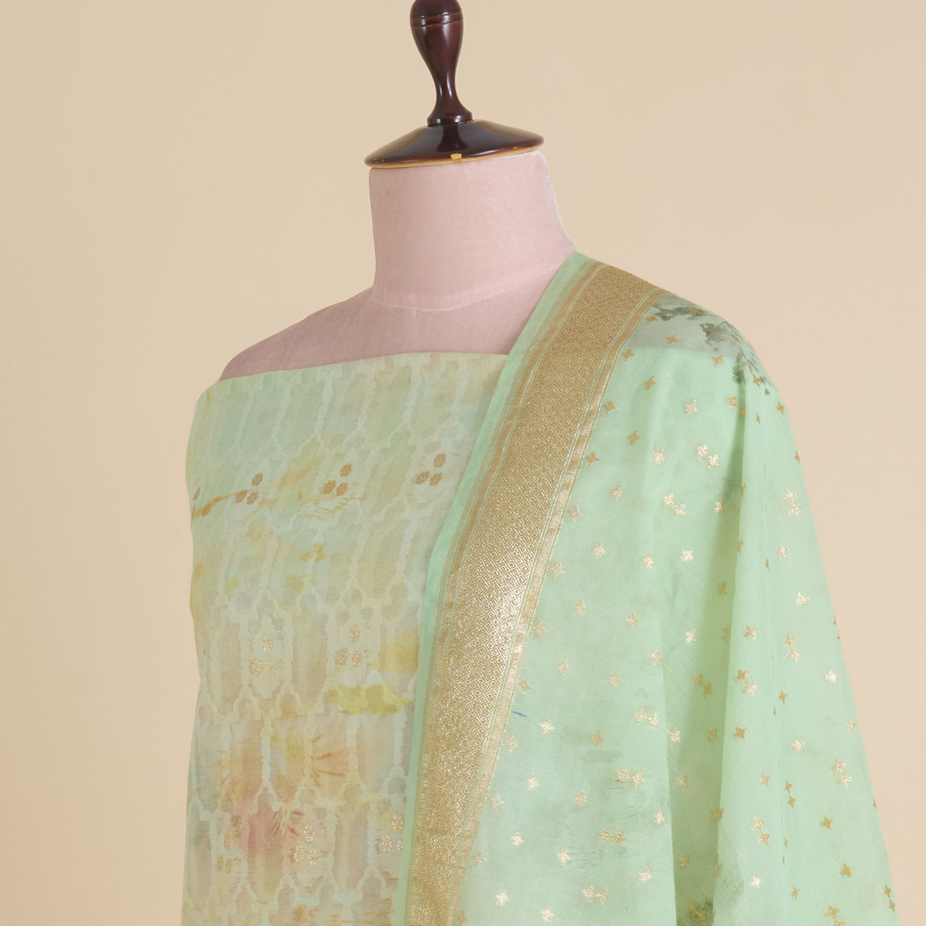 Pale Green Chanderi Printed Lurex Woven Kurta with Dupatta