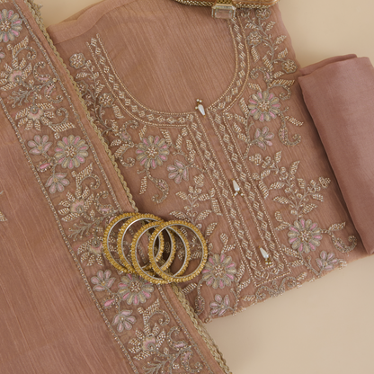 Peach Crush Tissue Embroidered Suit with Opada Silk Bottom