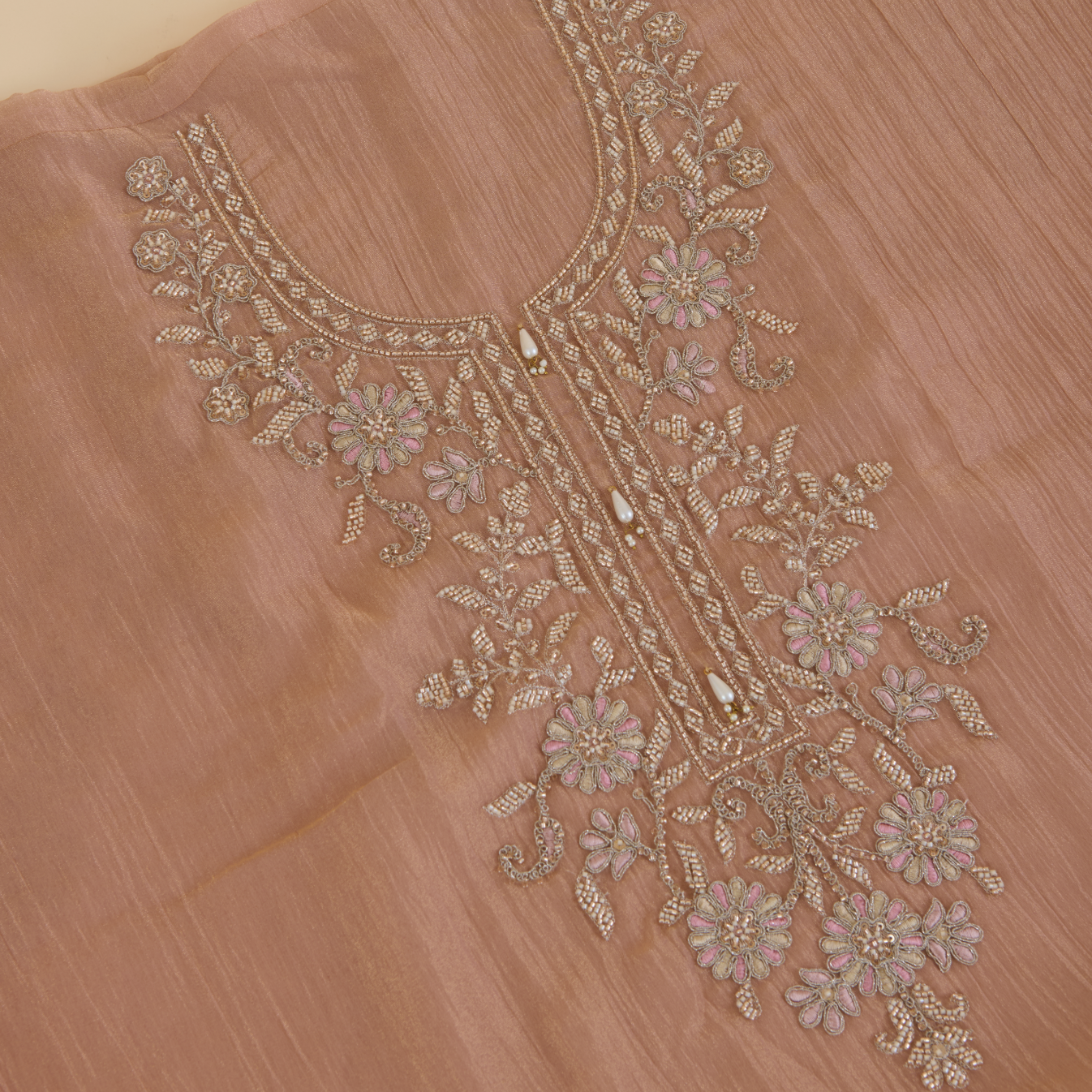 Peach Crush Tissue Embroidered Suit with Opada Silk Bottom
