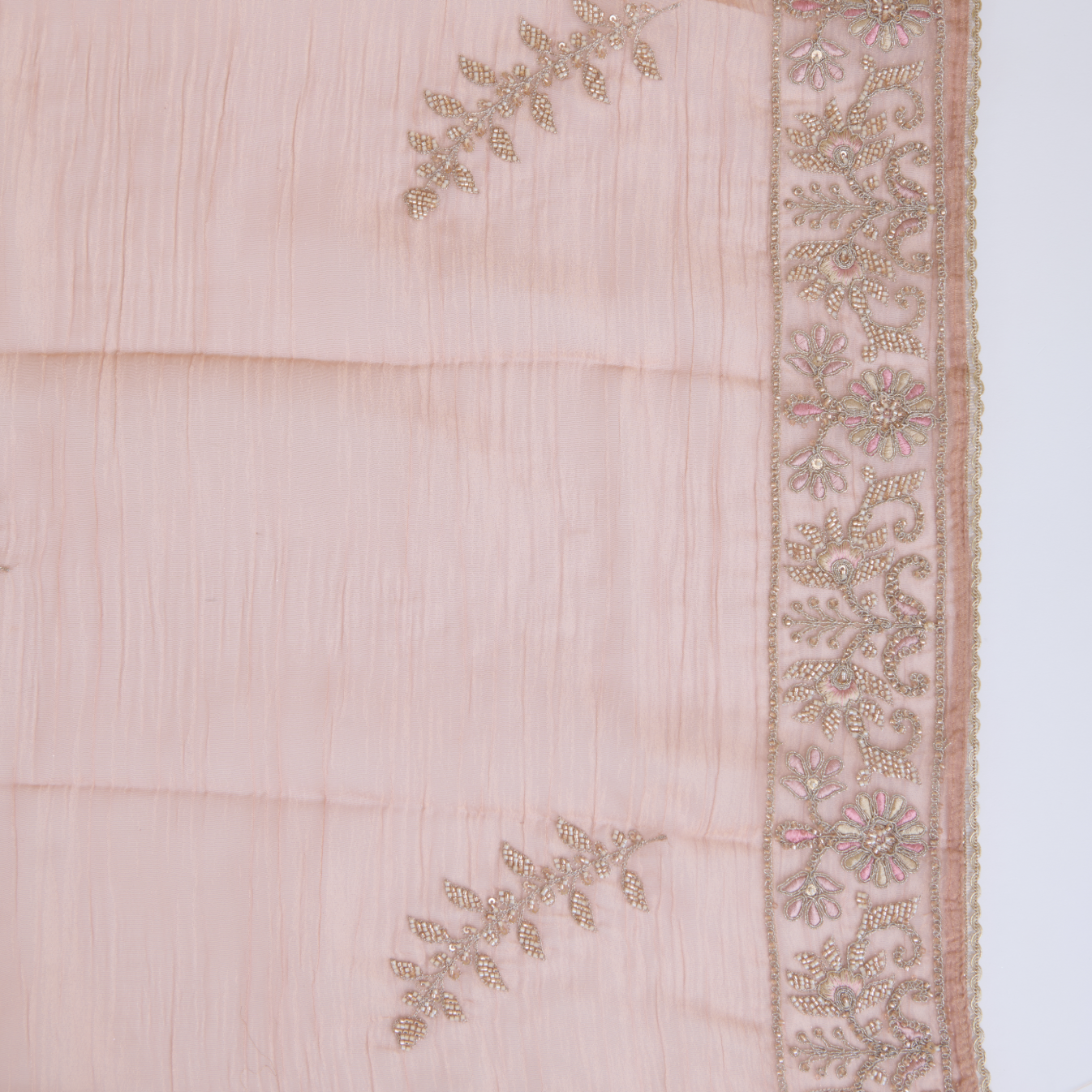 Peach Crush Tissue Embroidered Suit with Opada Silk Bottom