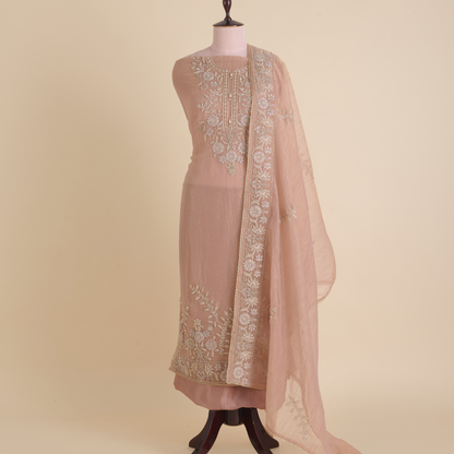 Peach Crush Tissue Embroidered Suit with Opada Silk Bottom