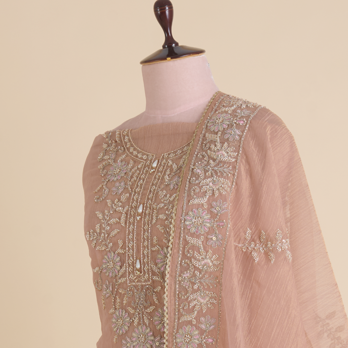 Peach Crush Tissue Embroidered Suit with Opada Silk Bottom