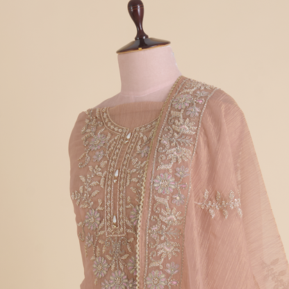 Peach Crush Tissue Embroidered Suit with Opada Silk Bottom