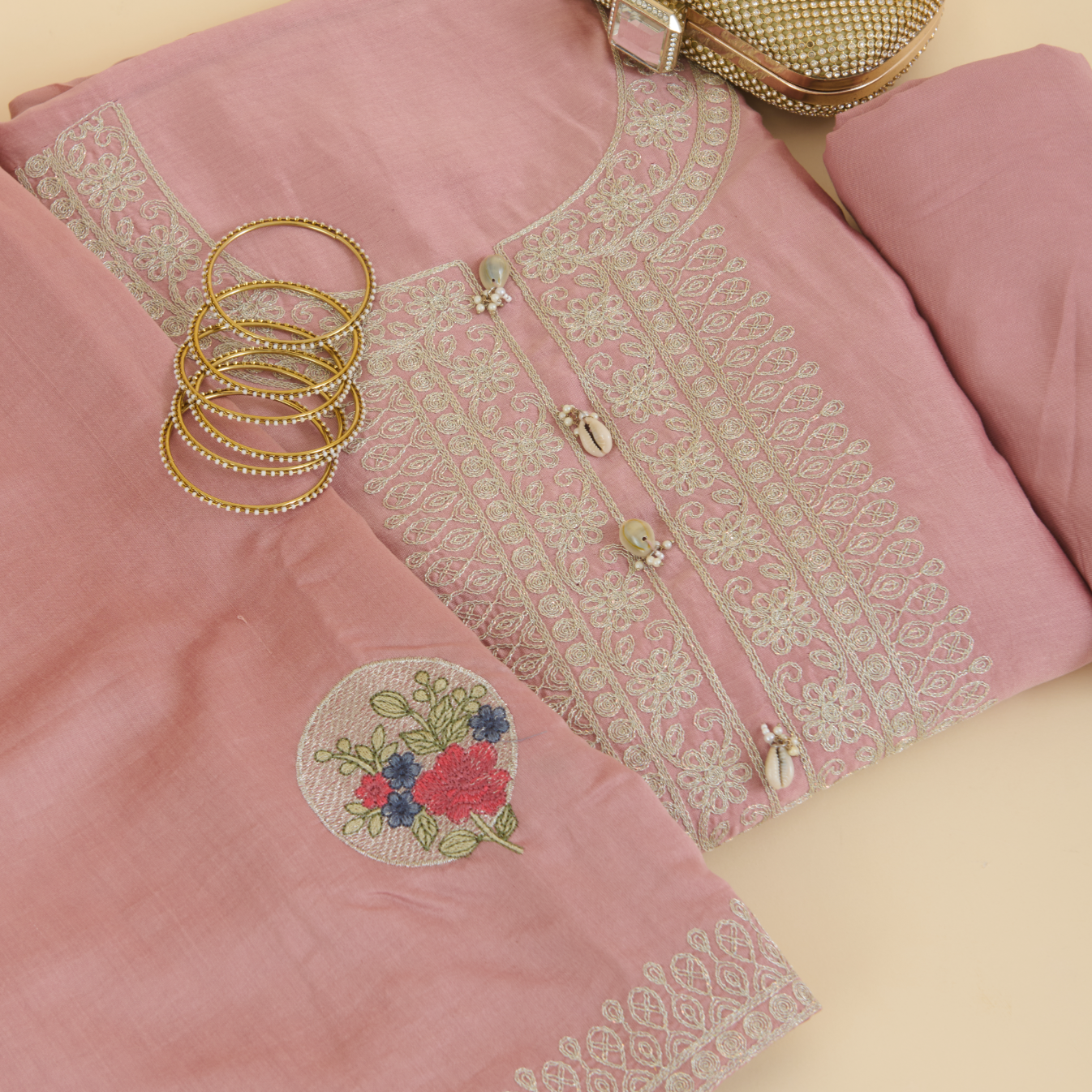 Pink Chanderi Dori & Resham Embroidered Suit Set