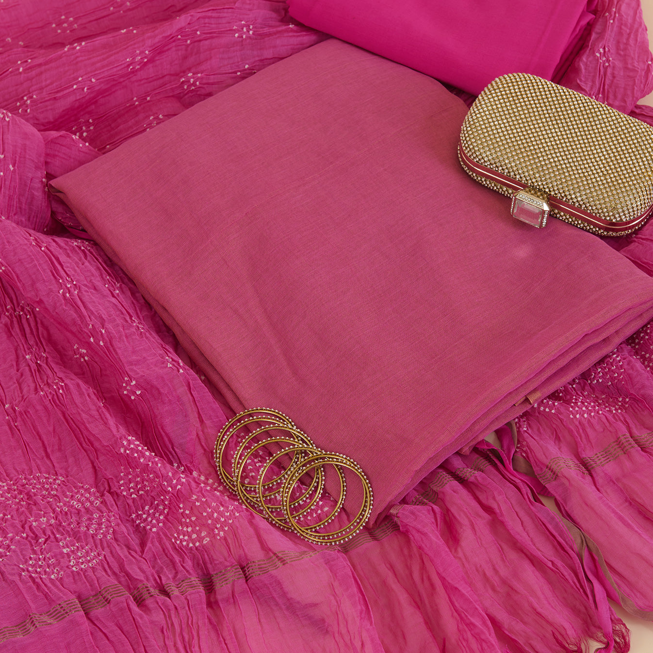 Pink Chanderi Tissue Suit with Bandhej Dupatta