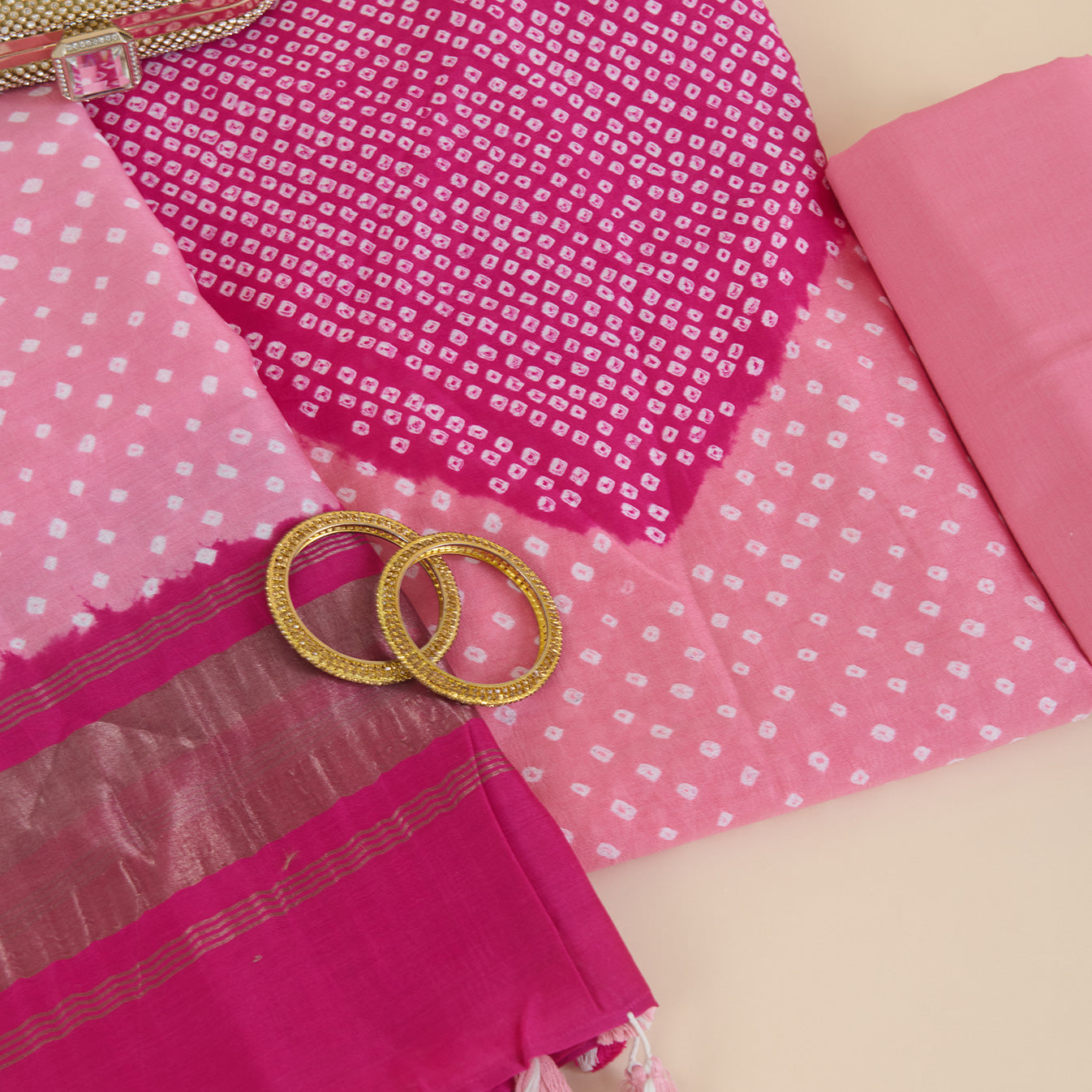Pink Peach Chanderi Bandhej Kurta with Woven Pallu Dupatta