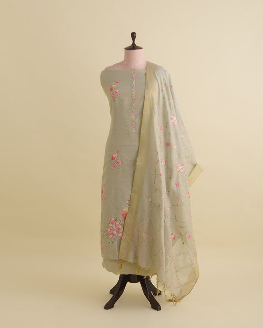 Pale Green Tissue Chanderi Kurta Set with Resham & Zari Embroidery