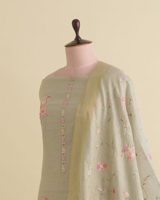 Pale Green Tissue Chanderi Kurta Set with Resham & Zari Embroidery