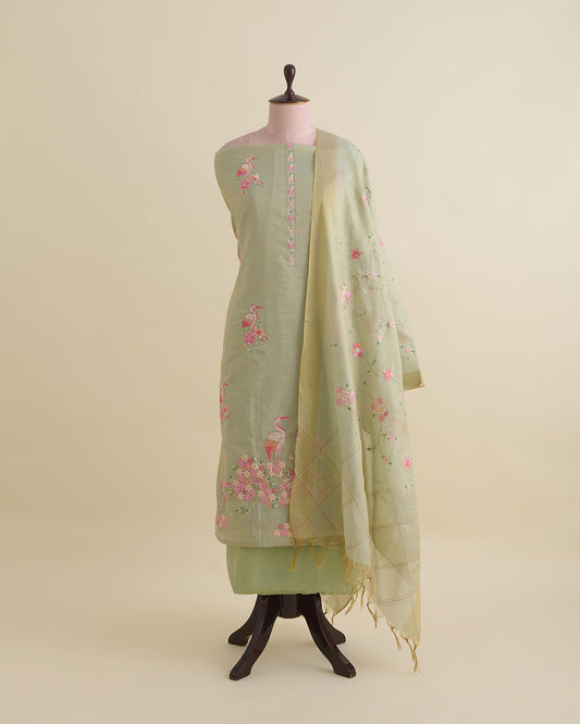 Tissue Chanderi kurta with resham and zari embroidery in daman and all-over bitta, matching dupatta, plain Shantoon bottom, pista green