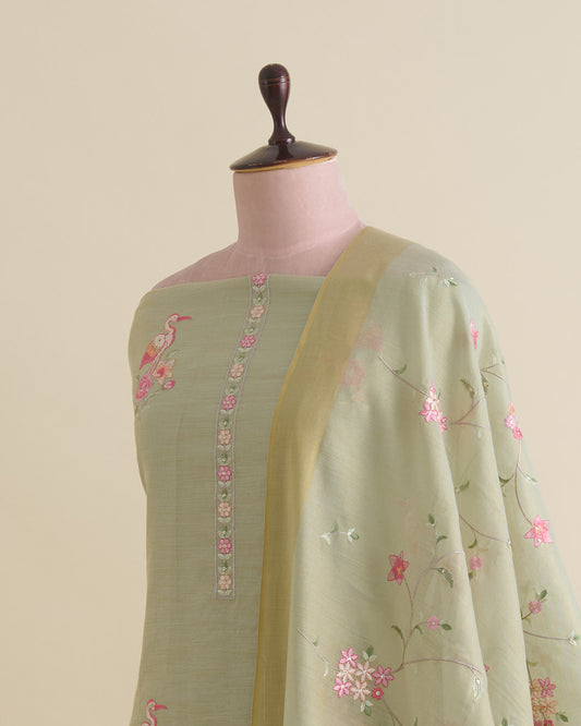 Tissue Chanderi kurta with resham and zari embroidery in daman and all-over bitta, matching dupatta, plain Shantoon bottom, pista green