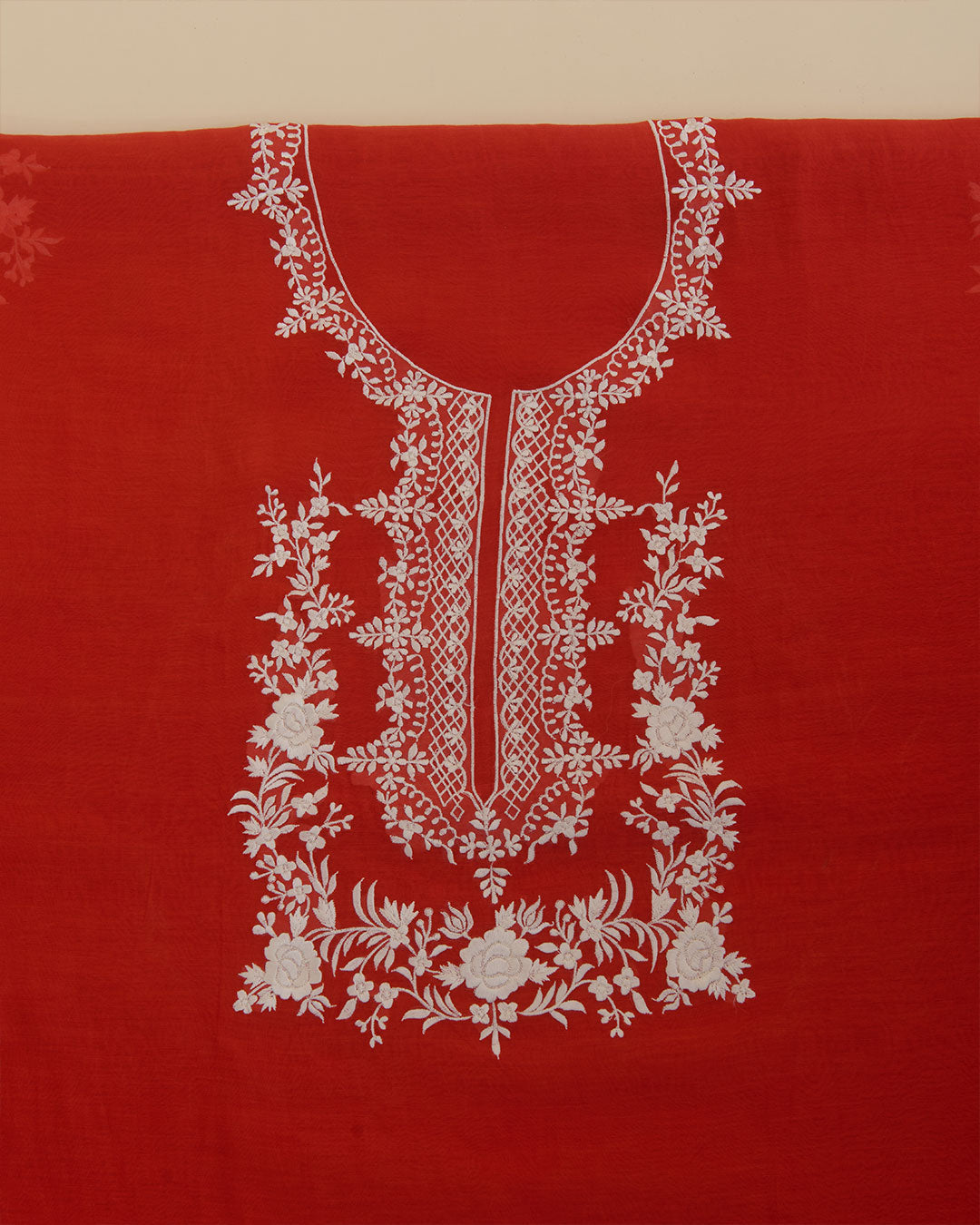 Red Mal Chanderi Kurta with Resham Embroidery & Matching Dupatta by Vandana