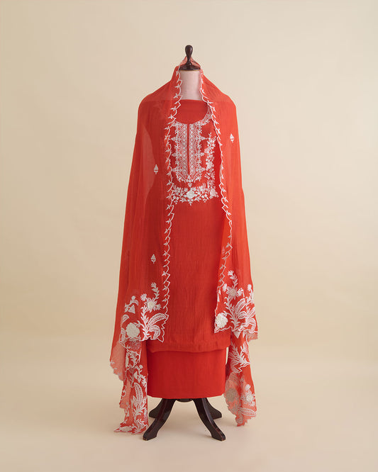 Red Mal Chanderi Kurta with Resham Embroidery & Matching Dupatta by Vandana