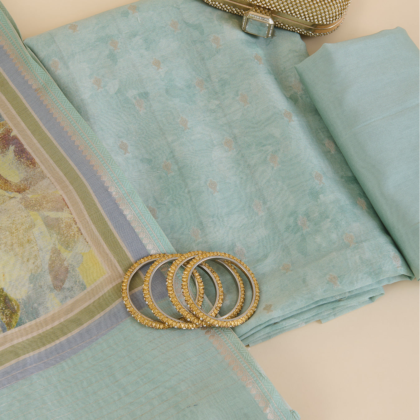 Sea Green Chanderi Woven Kantha Embroidered Kurta with Dupatta