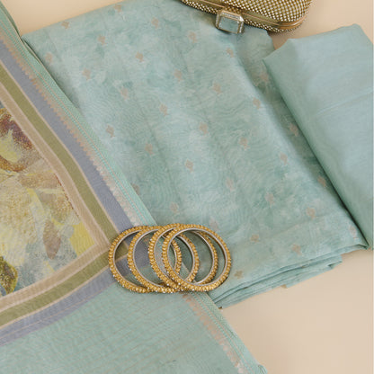 Sea Green Chanderi Woven Kantha Embroidered Kurta with Dupatta