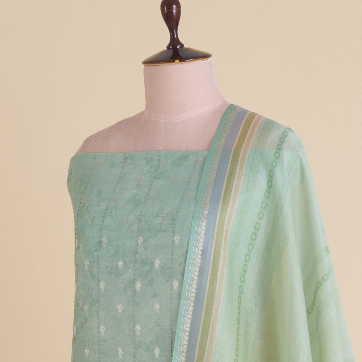 Sea Green Chanderi Woven Kantha Embroidered Kurta with Dupatta