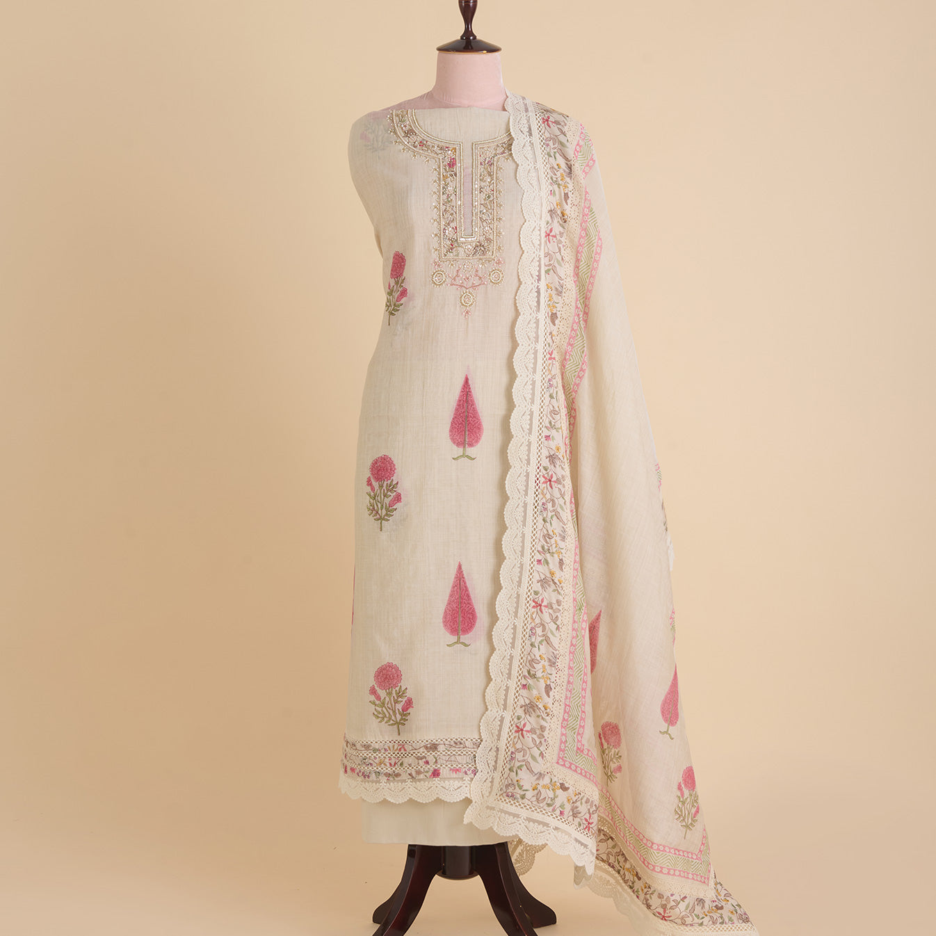 Tussar Chanderi Printed Suit with Pearl & Sequin Neck