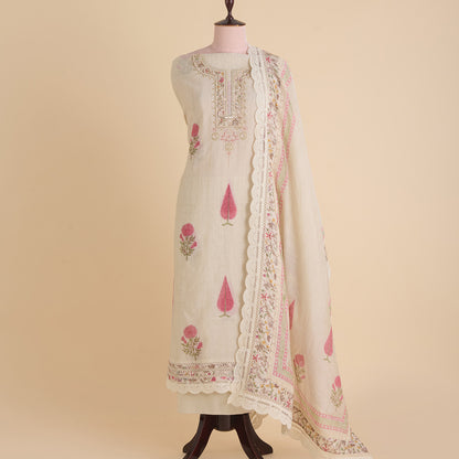 Tussar Chanderi Printed Suit with Pearl & Sequin Neck