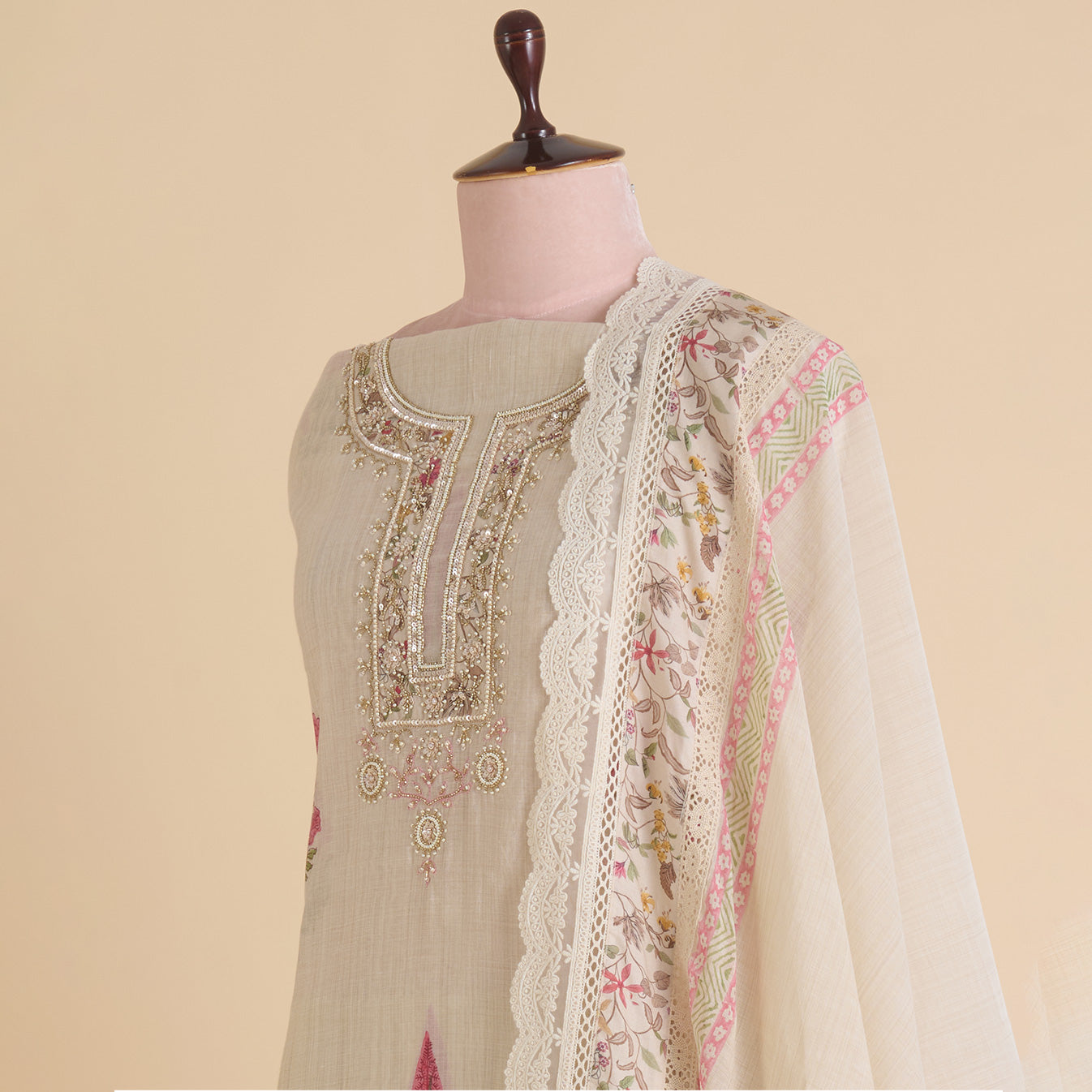 Tussar Chanderi Printed Suit with Pearl & Sequin Neck