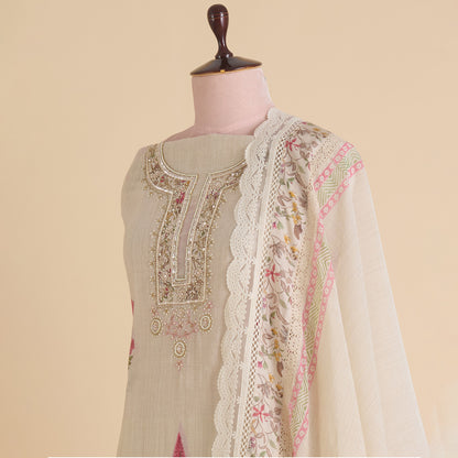 Tussar Chanderi Printed Suit with Pearl & Sequin Neck