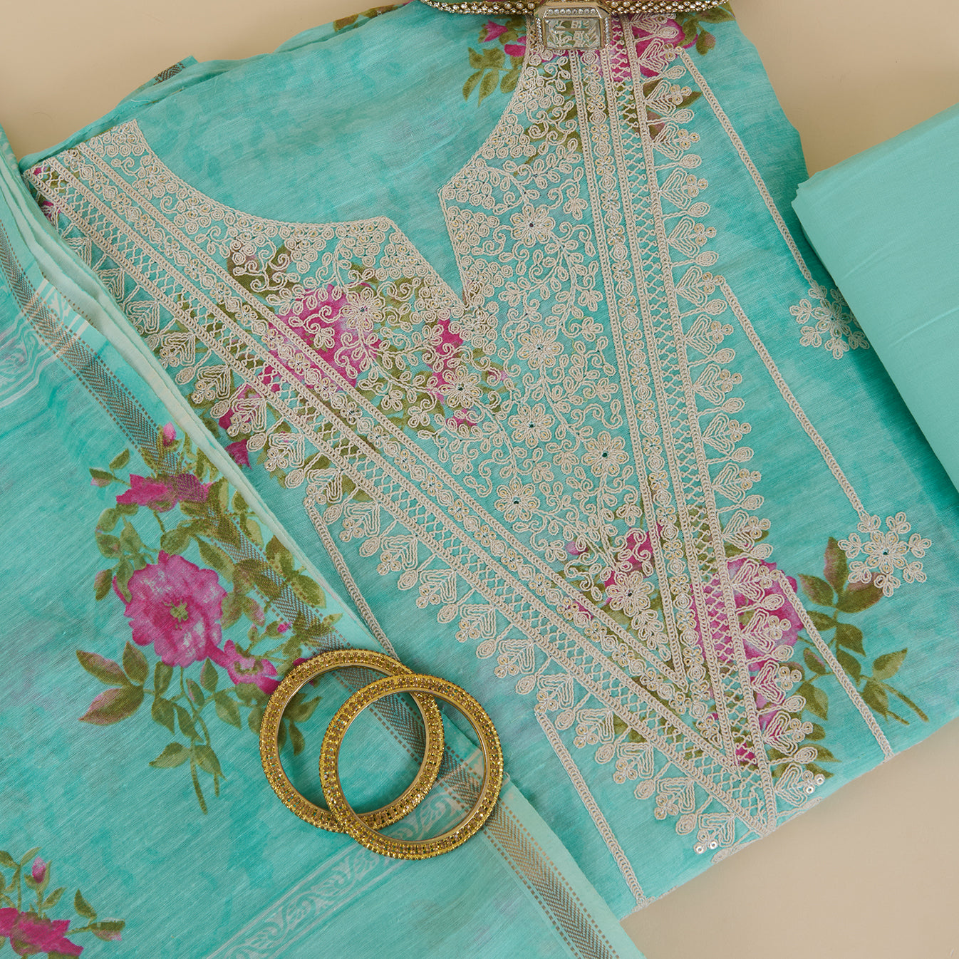 Turquoise Blue Chanderi Linen Printed Kurta with Embroidered Neck