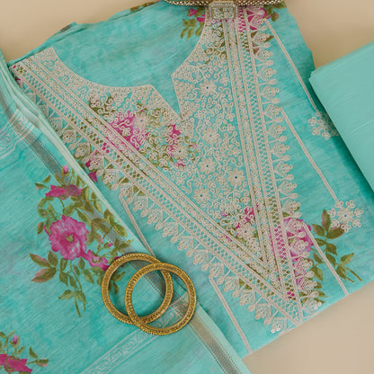Turquoise Blue Chanderi Linen Printed Kurta with Embroidered Neck