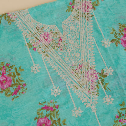 Turquoise Blue Chanderi Linen Printed Kurta with Embroidered Neck