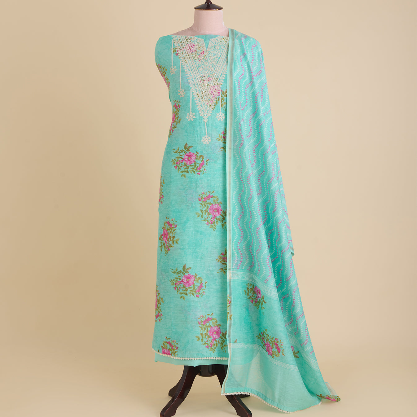 Turquoise Blue Chanderi Linen Printed Kurta with Embroidered Neck