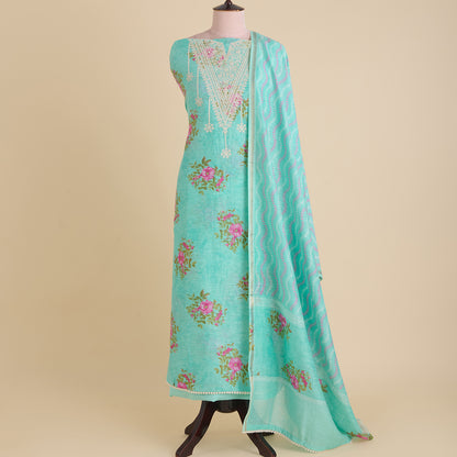 Turquoise Blue Chanderi Linen Printed Kurta with Embroidered Neck