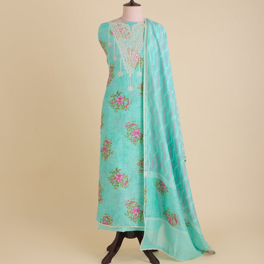Turquoise Blue Chanderi Linen Printed Kurta with Embroidered Neck