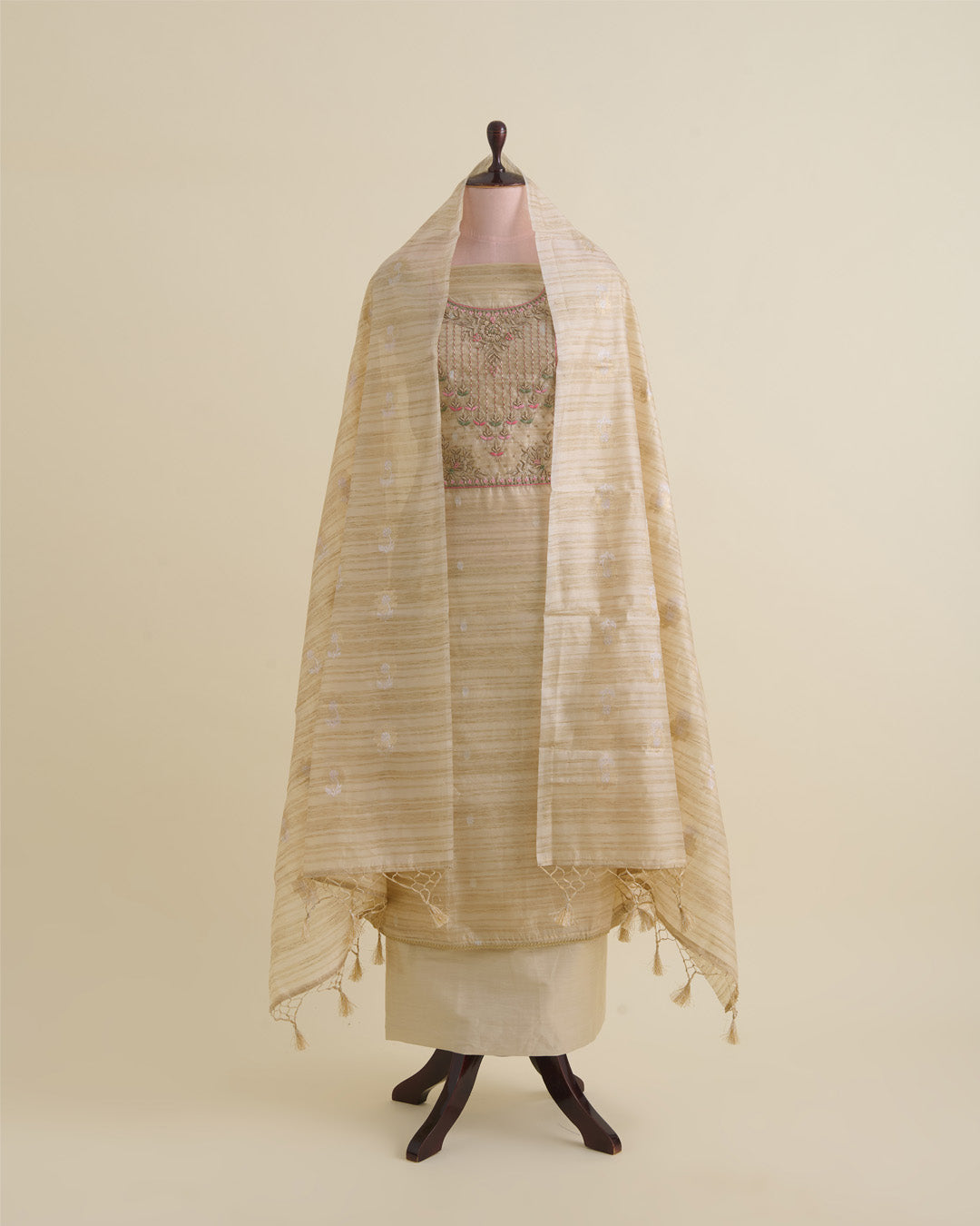 Tussar Chanderi Woven Suit with Zardosi, Sequin & Pearl Embroidery