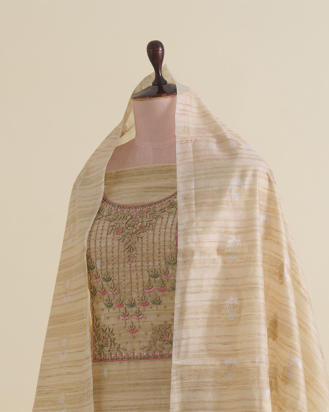 Tussar Chanderi Woven Suit with Zardosi, Sequin & Pearl Embroidery