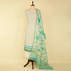 White And Green Cotton Linen Printed Suit with Dupatta