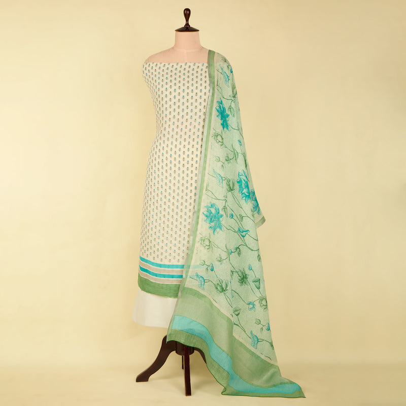 White And Green Cotton Linen Printed Suit with Dupatta