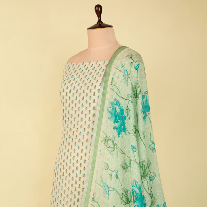 White And Green Cotton Linen Printed Suit with Dupatta