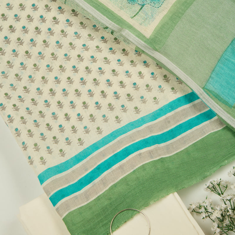 White And Green Cotton Linen Printed Suit with Dupatta