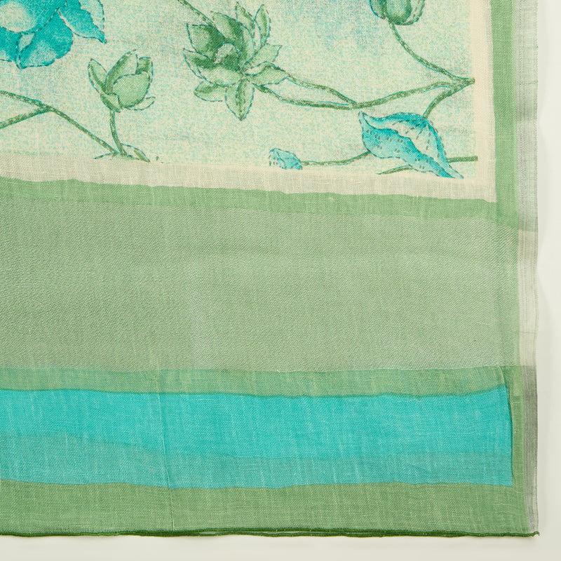 White And Green Cotton Linen Printed Suit with Dupatta