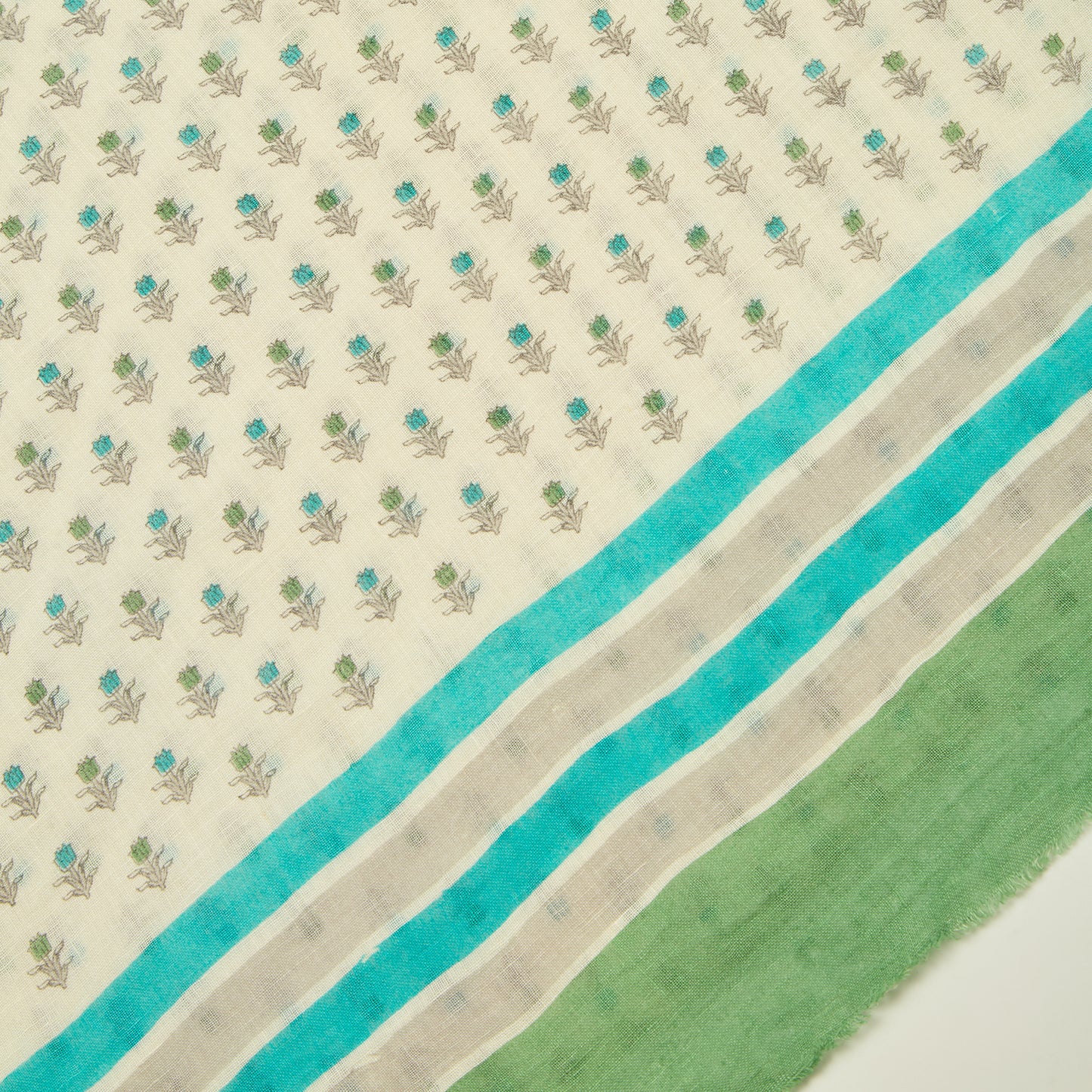 White And Green Cotton Linen Printed Suit with Dupatta