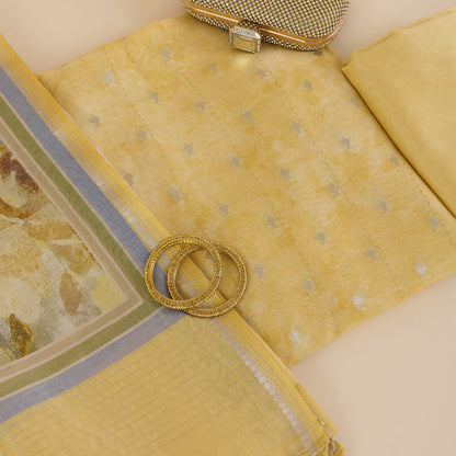 Yellow Chanderi Woven Kantha Embroidered Kurta with Dupatta